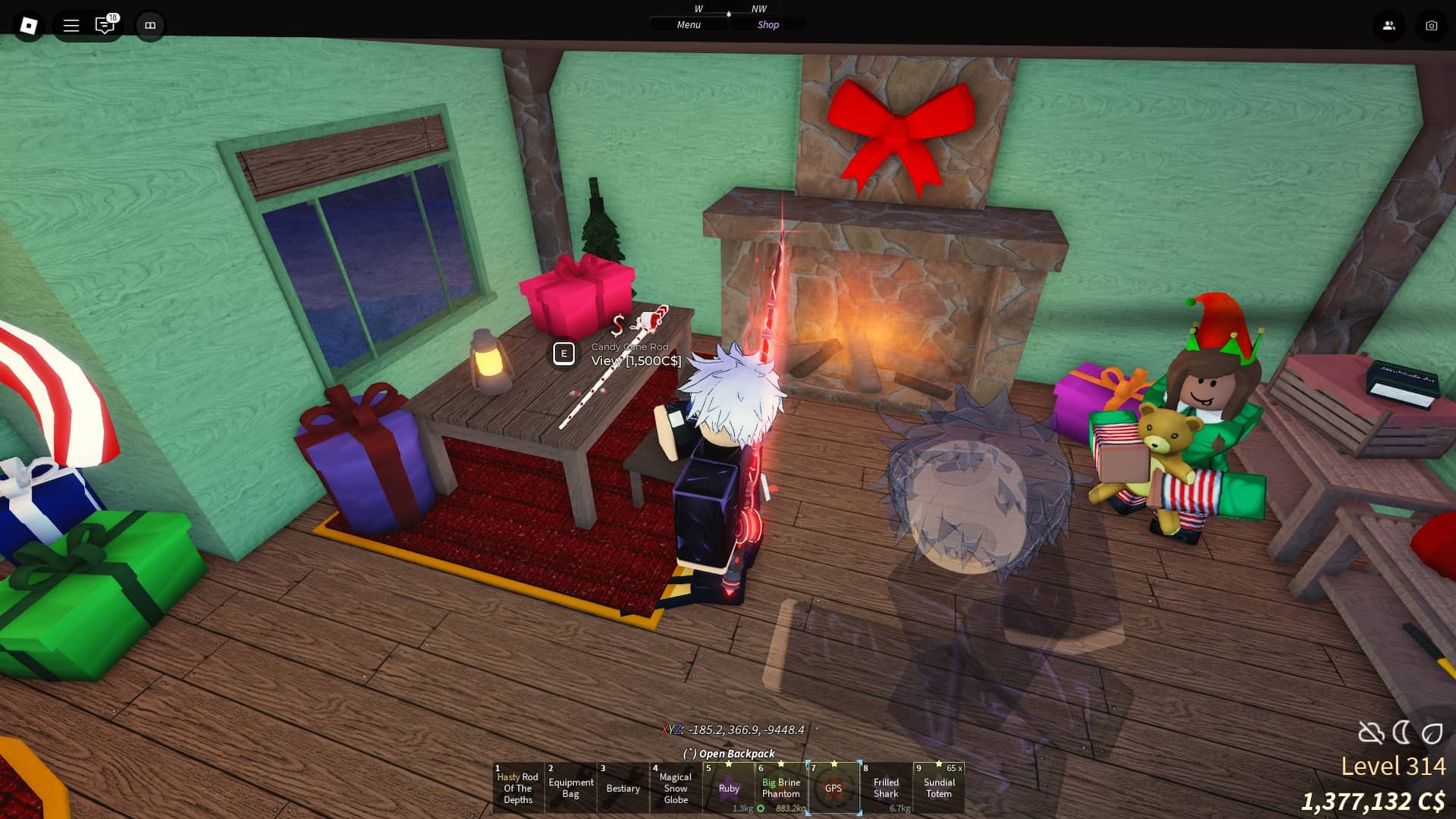 player buying the Candy Cane rod in the Winter Village in Fisch Roblox experience